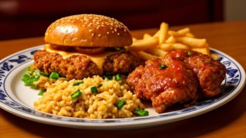 Any Burger   <br> Chips   <br> 3 Spicy Wings   <br> Pilau Rice and Peas - Image 2